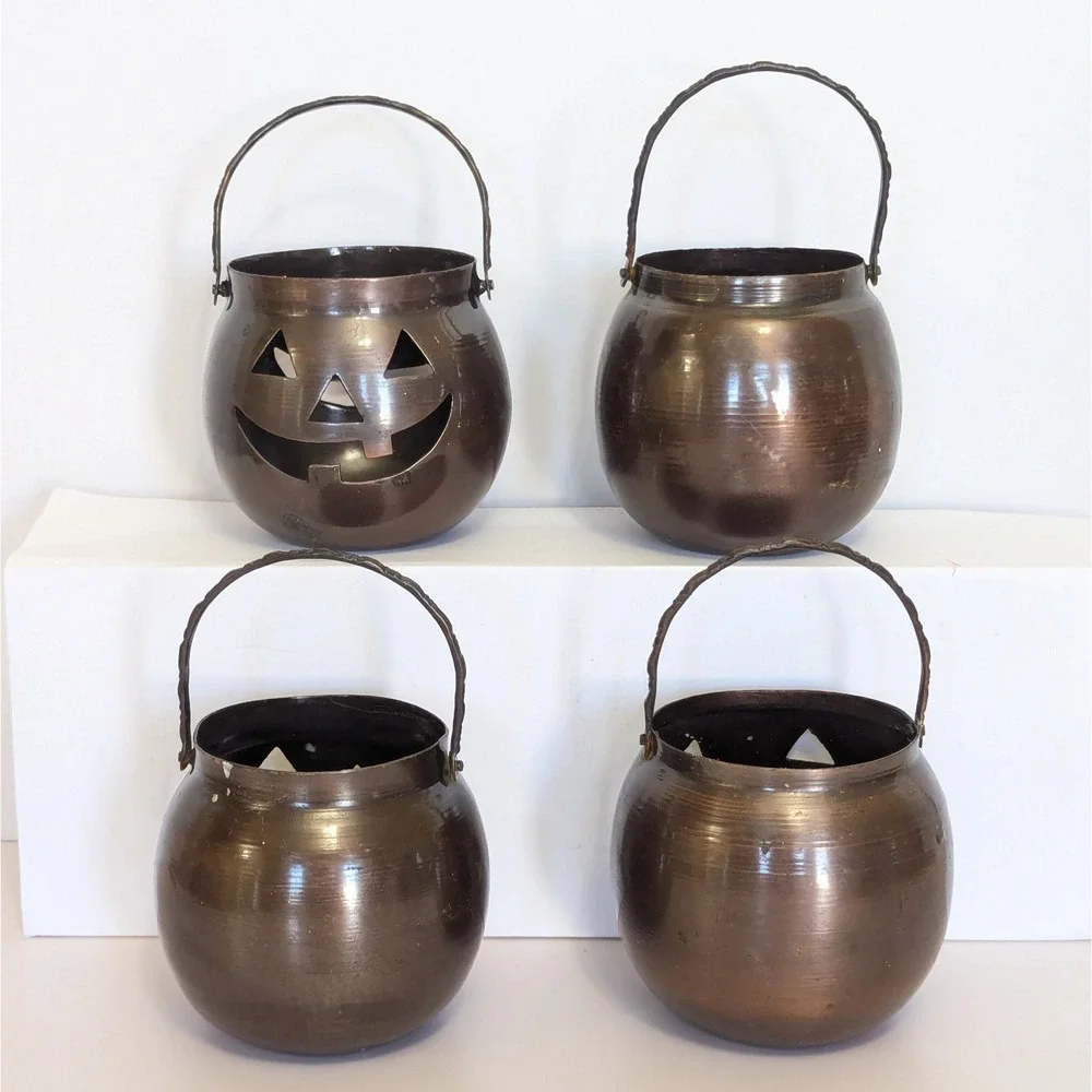 4 Vtg Halloween HOSLEY USA Metal Jack-O-Lantern Pumpkin Tealight Candle Holders
